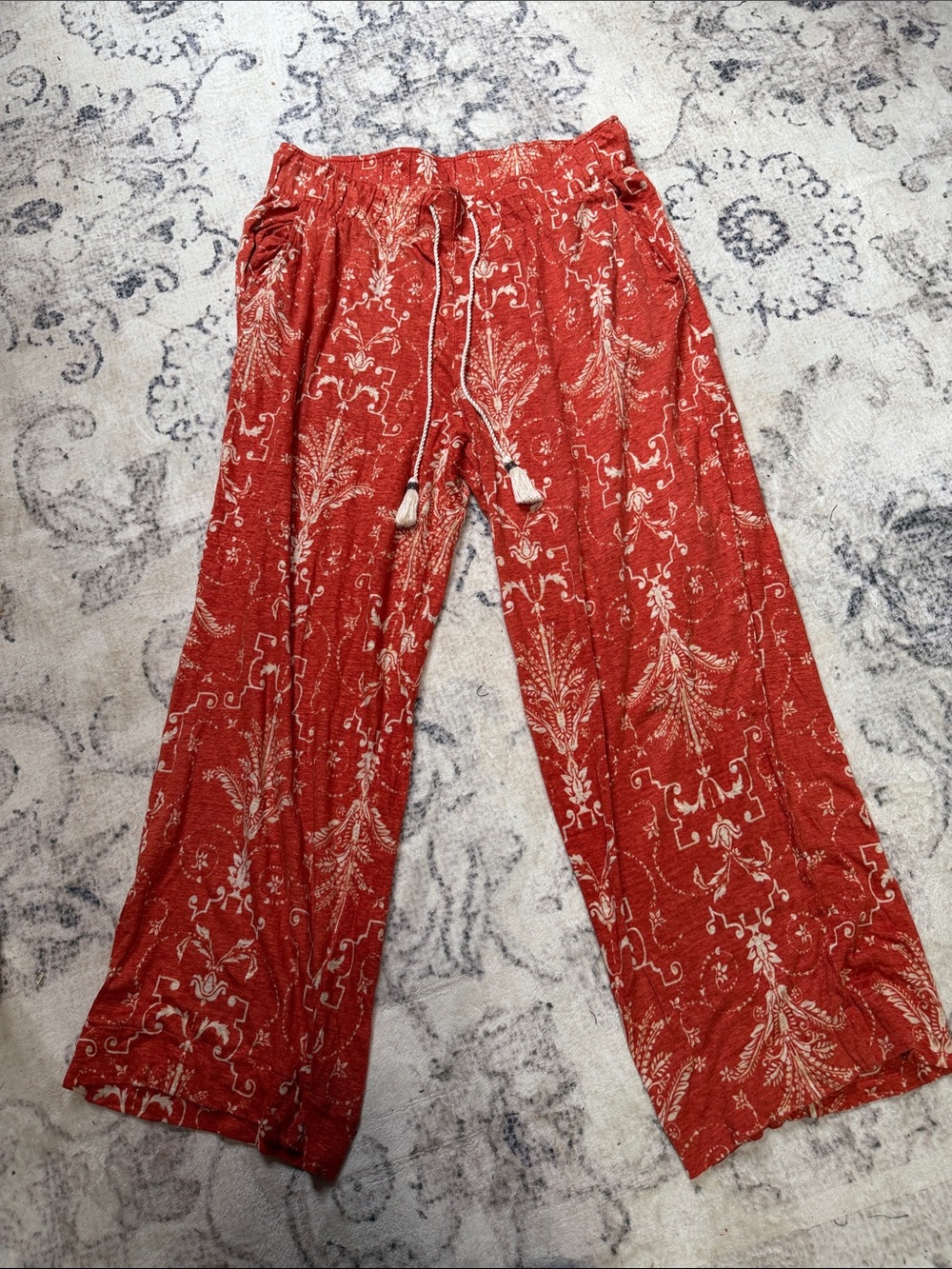 Tahari Rust Red Floral Wide-Leg Drawstring Pants 100% Linen